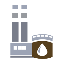 Graphic of building with smokestacks and raindrop inside a brown box.