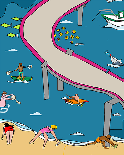 Computer generated art/cartoon of people picking up trash along a beach, a swimmer, a stand-up paddler, and a kayaker picking up trash from the water as fish swim and boats move near and under a bridge.