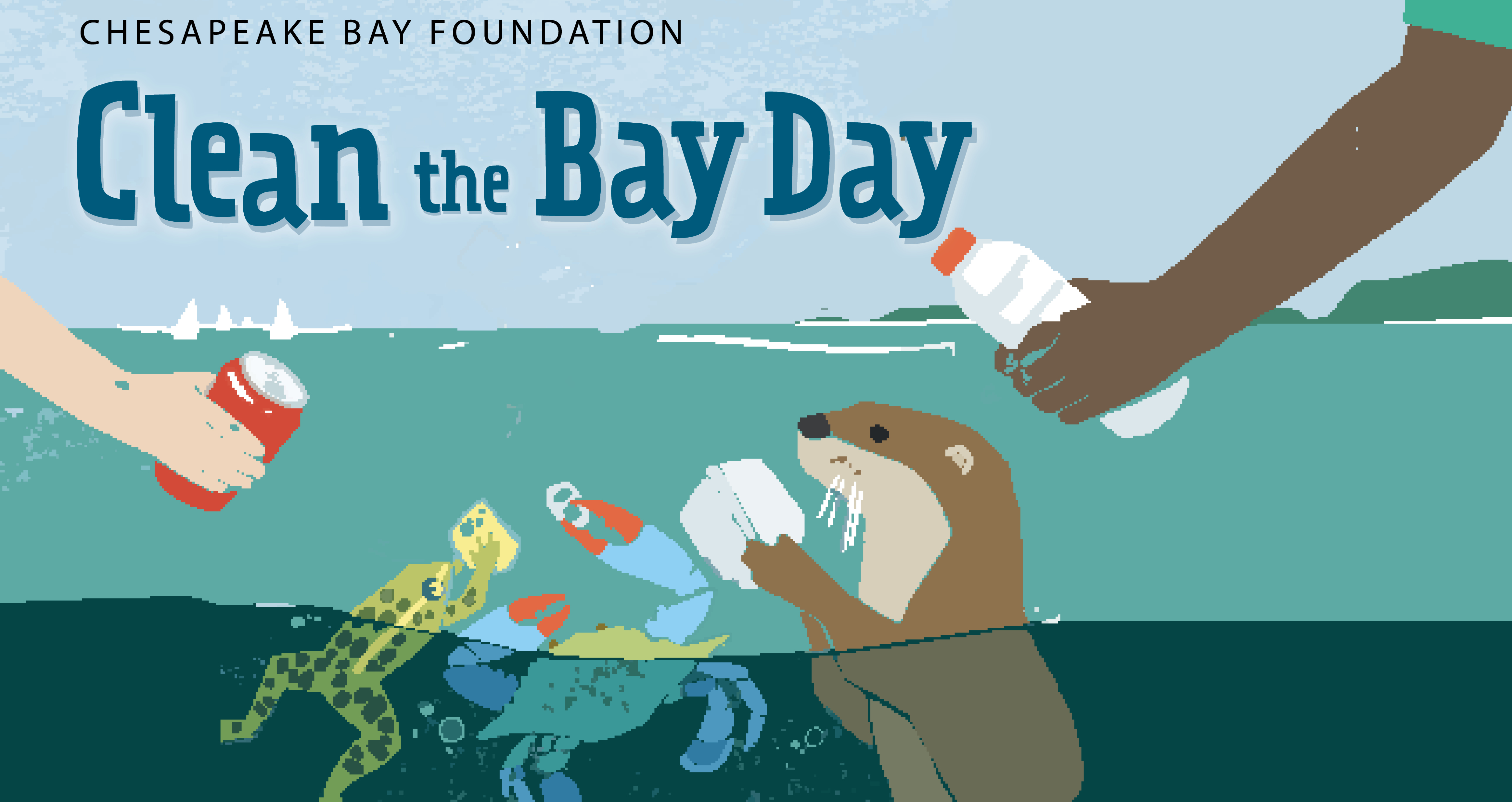 A Clean the Bay Day graphic featuring trash and Chesapeake critters