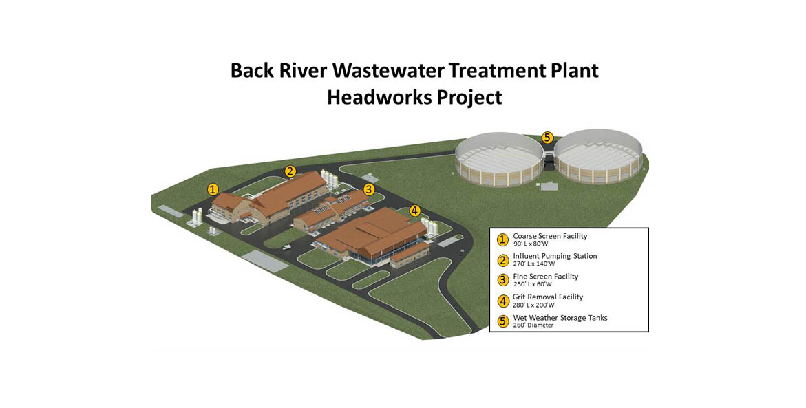 Drawing showing the campus updates of the Headworks Project at the Back River Wastewater Treatment Plant.