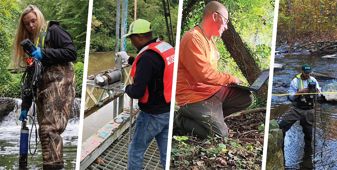 Four photos of individuals doing different types of water quality monitoring.