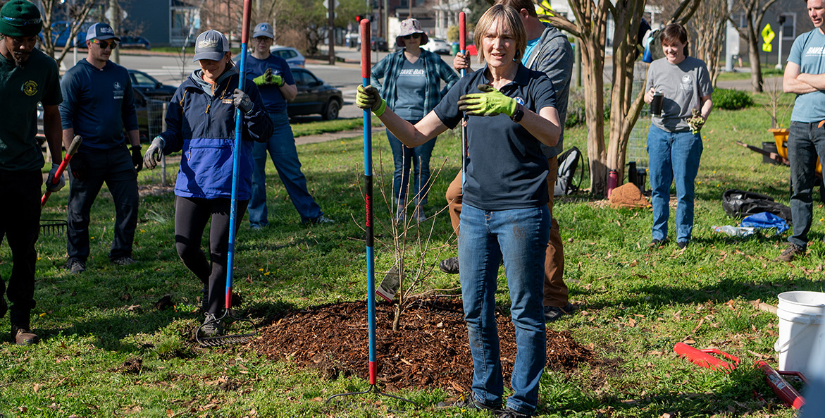 A group of people stand in a park, and a woman with a shovel stands in front of a newly planted tree.