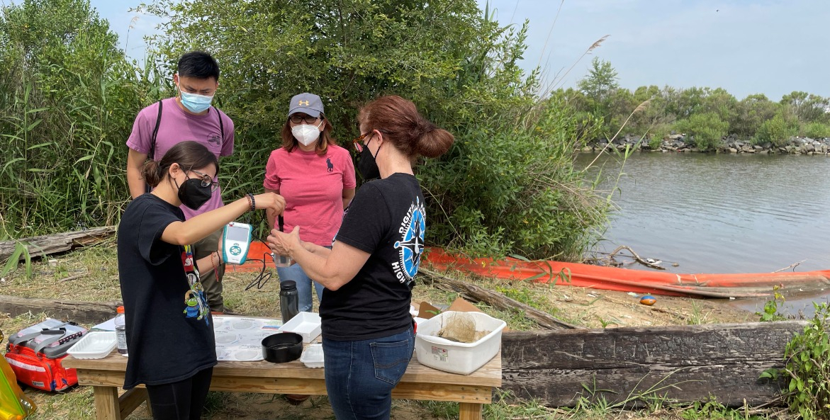 Groups of teachers using water quality testing tools.