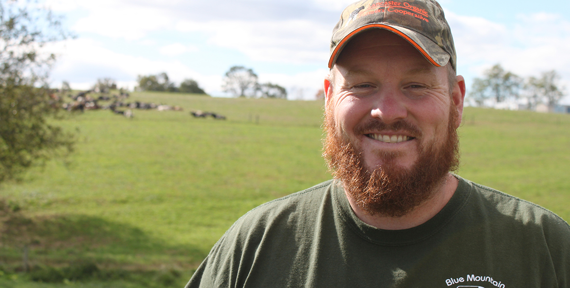 Matt Bomgardner stands in a field of his Blue Mountain View Farm near Annville, Pennsylvania.