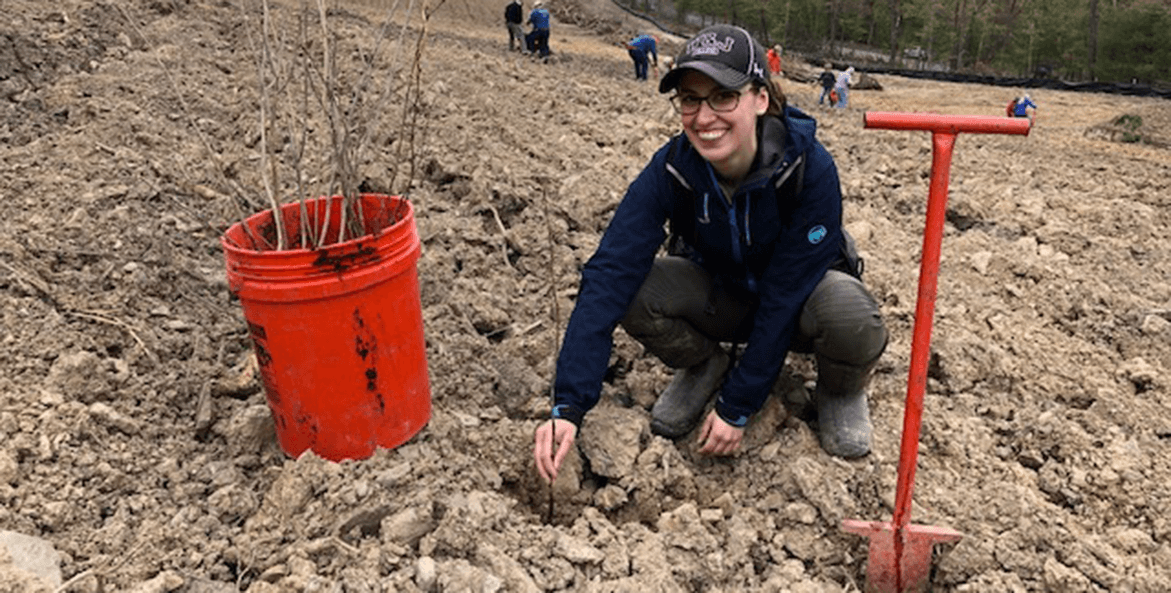 A woman plants saplings in a barren field in Pennsylvania