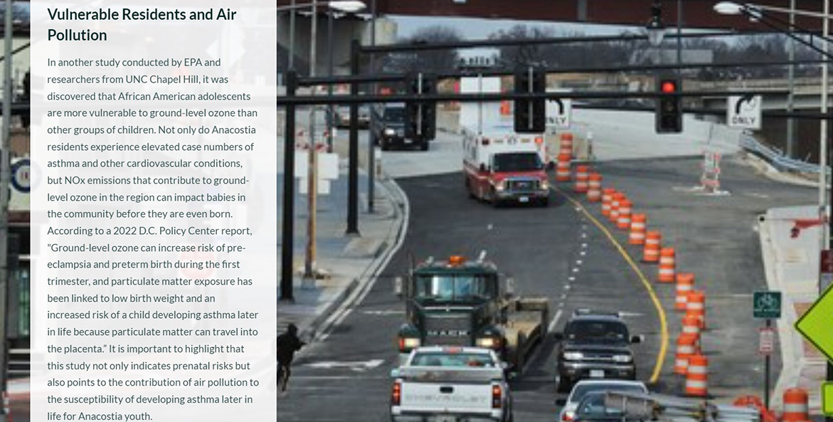 Street scene with construction barriers and traffic, with text sidebar Vulnerable Residents and Air Pollution.