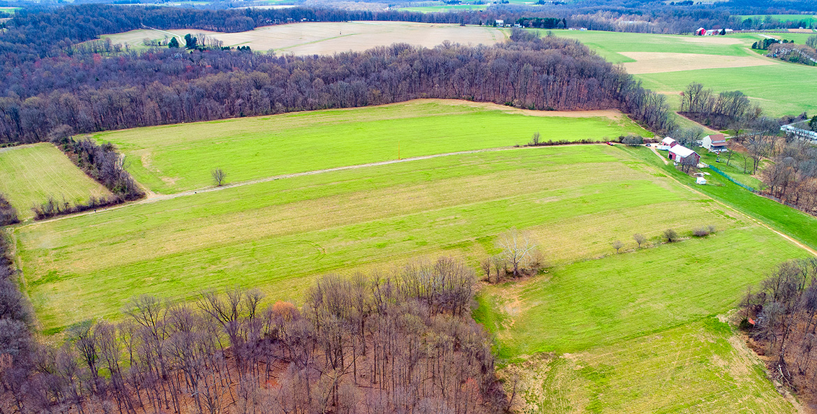 A aerial view of farm fields separated by strips of woods.