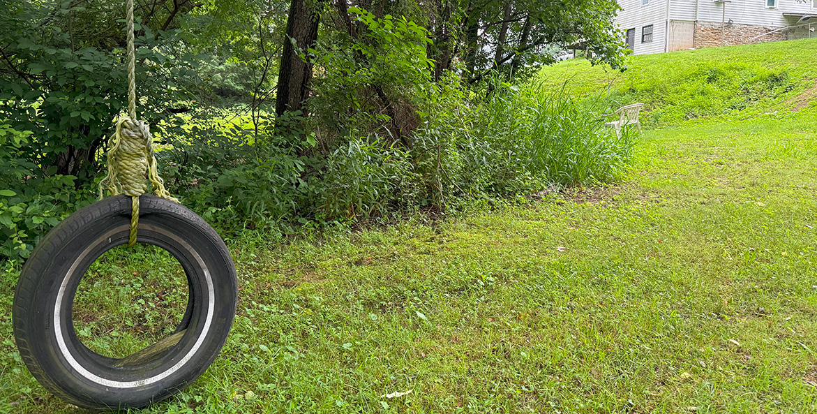A tire swing hangs down the hill from a residential home.