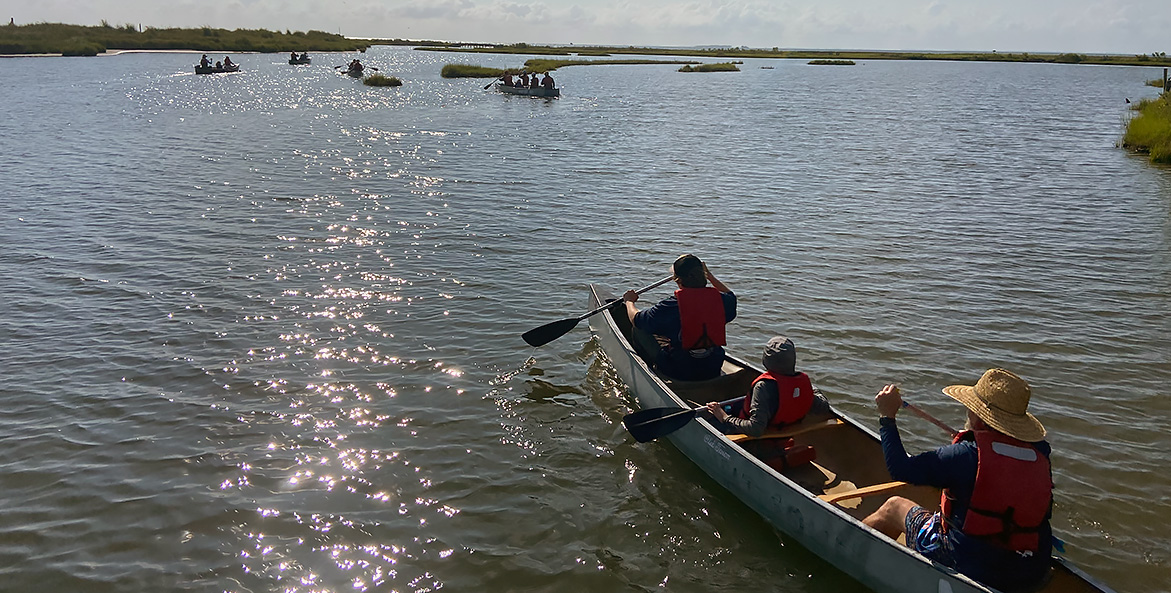 Students canoe among the marshes.