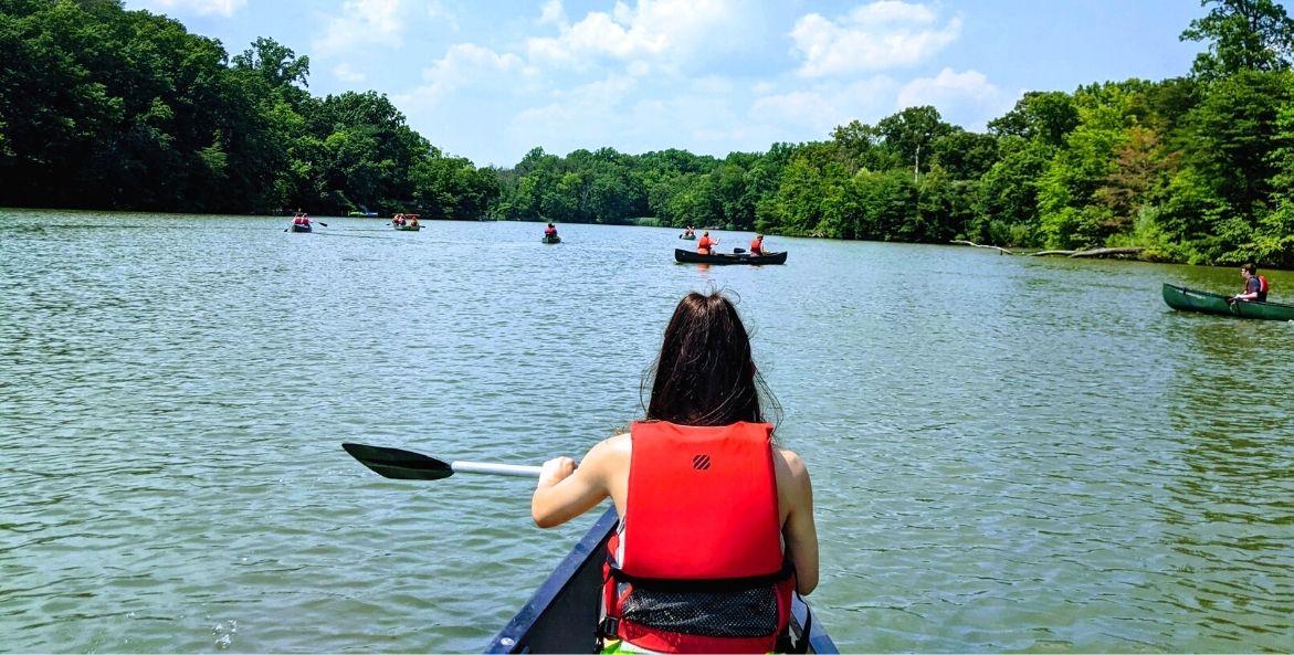 A person with brown hair and a red life vest paddles in a canoe toward other people in canoes. The body of water they are on is lined by large green trees.