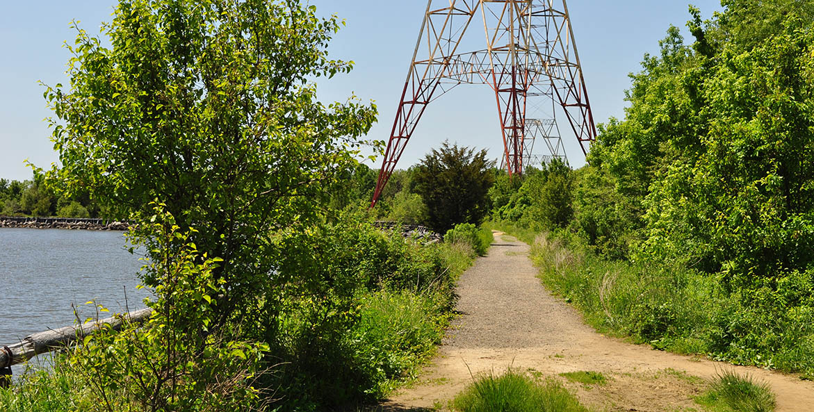 A radio tower straddles a gravel path through greenery, running alongside a waterway.