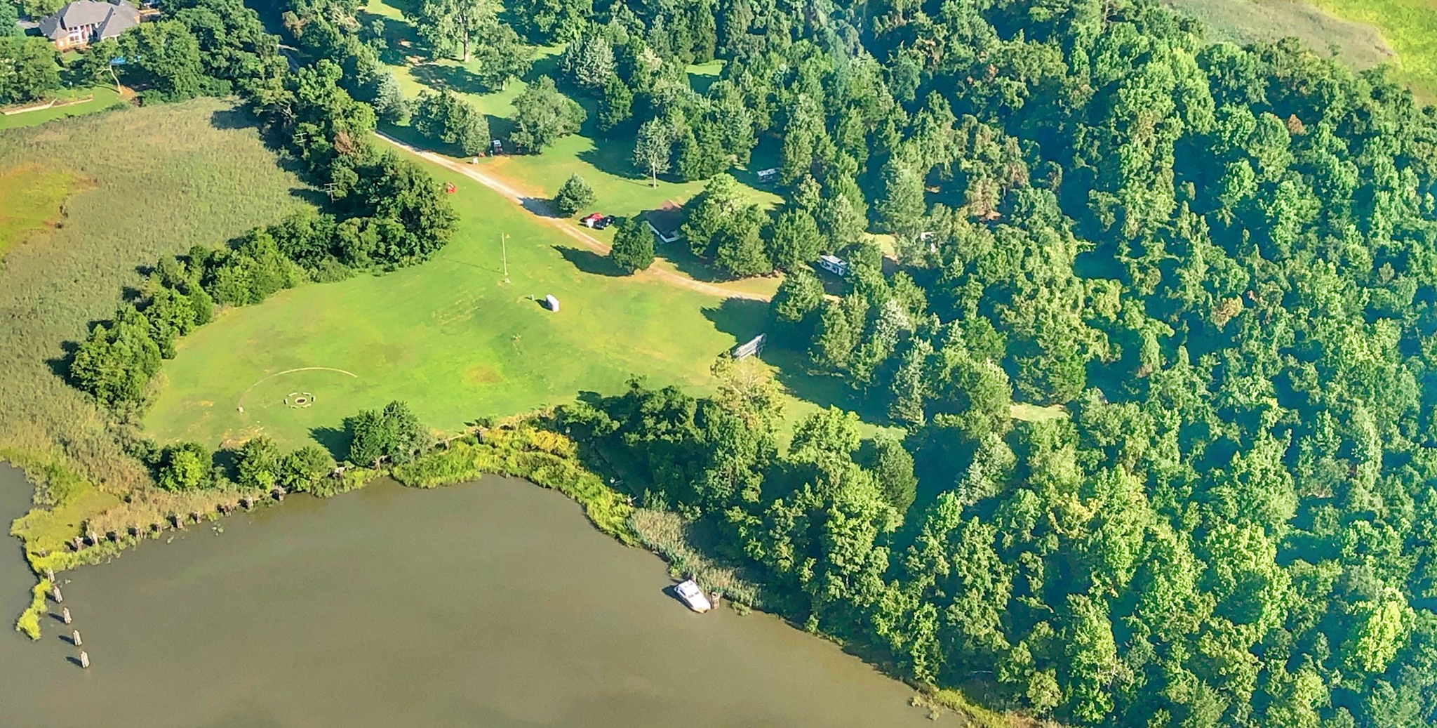 Aerial view of riverfront property.