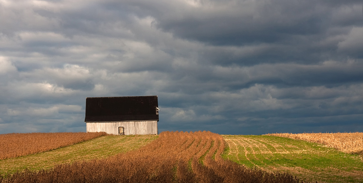 A barn sits at the top of a hill, planted in strips, a moody cloudy sky above.