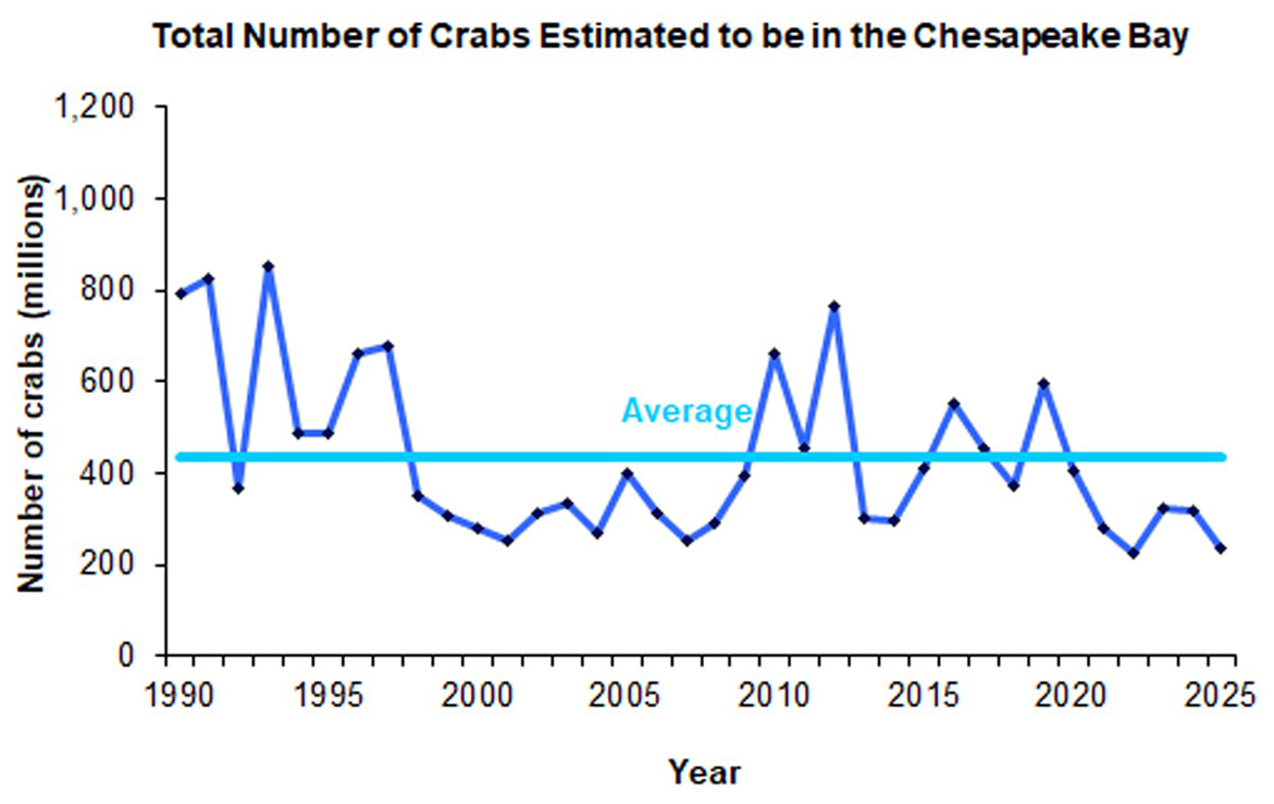 Total number of crabs estimated to be in the Chesapeake Bay. Graph shows numbers declined in 2024 and 2025.
