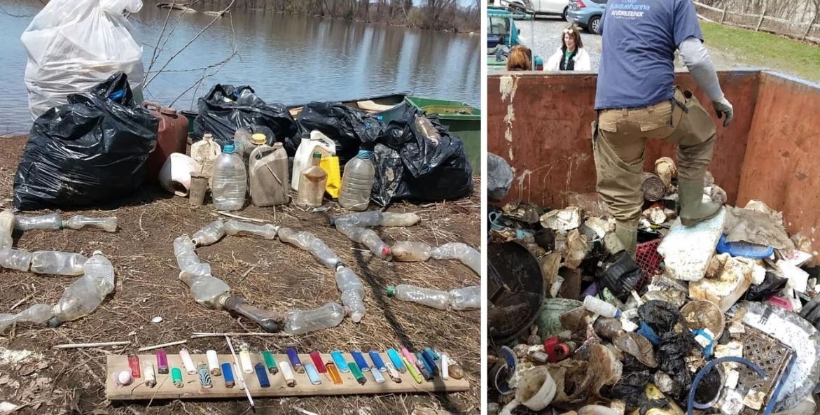 Two photos of trash collected, side by side. On the left, plastic bottles spell out SOS in front of larger plastic containers and bags filled with trash. There are more than two dozen lighters of various colors laid out in front of the bottles. On the right, John Naylor climbs out of a dumpster that is partially filled with the trash he's collected.