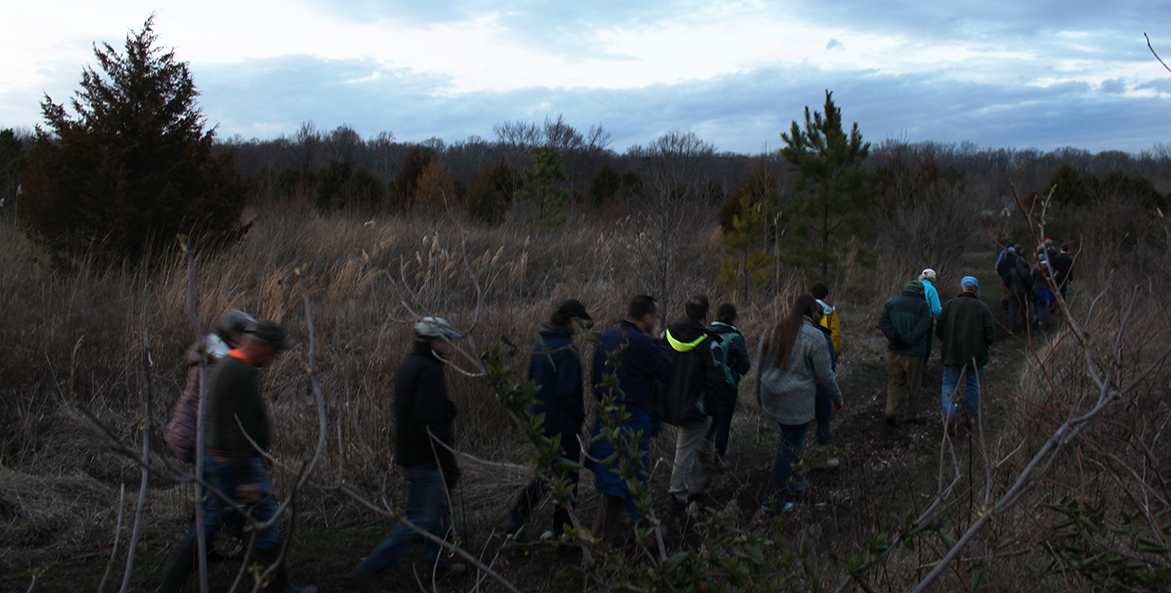 People walk through a field at dusk.