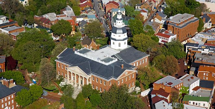 Aerial photo of the Annapolis State House 695x352