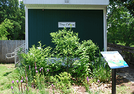A compact garden with healthy plants stands in front of a small building. An informational plaque stands in front.