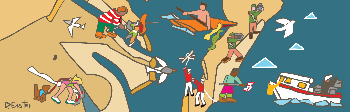 Artwork depicting a map of Virginia with people doing various cleanup activities.