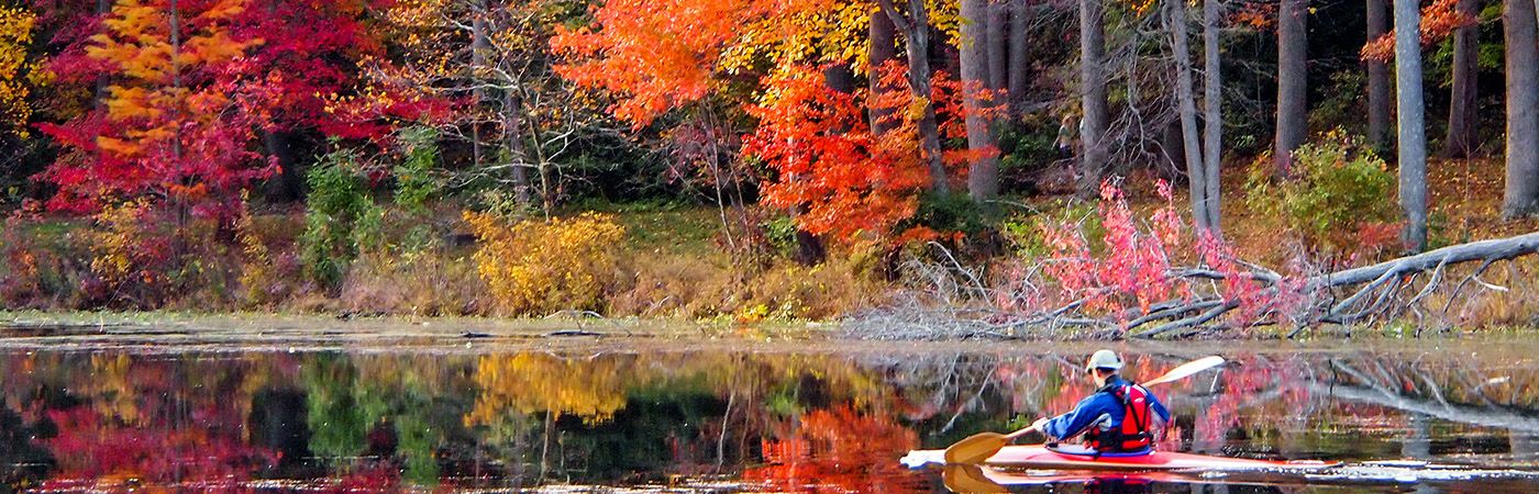 A kayaker paddles amid brightly colored autumn trees.