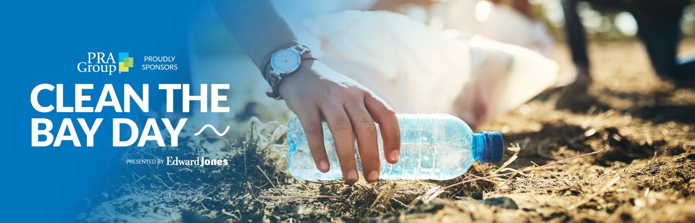 Clean the Bay Day. Picture of a hand picking up an empty plastic bottle.