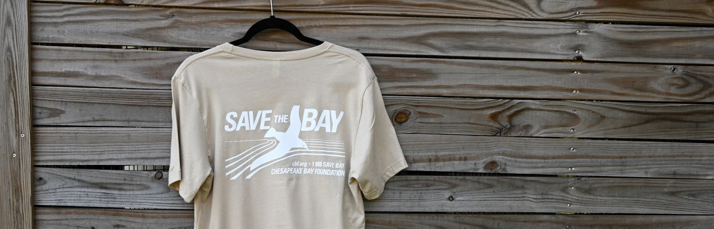 Gray short sleeved CBF t-shirt with vintage Save the Bay logo.