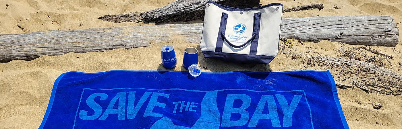 Blue CBF logo beach towel, beach bag, and wine tumblers spread out on the sand.