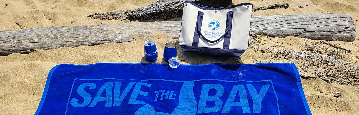 Blue CBF logo beach towel, beach bag, and wine tumblers spread out on the sand.