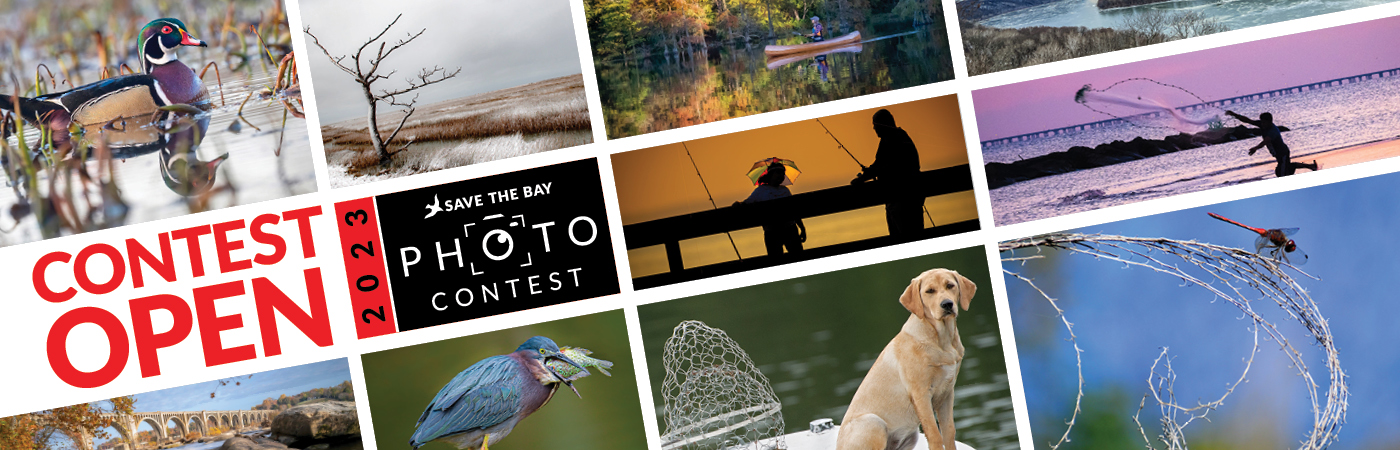 A grid shows eight photos from past contests with the text Contest Open, 2023 Save the Bay Photo Contest.