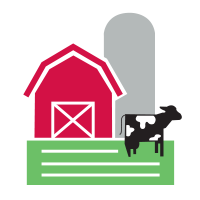 Graphic of barn, silo, and cow.