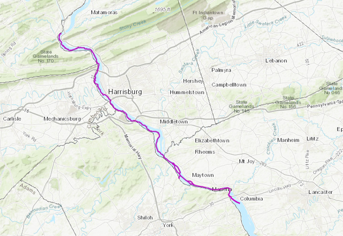 Map showing section of Susquehanna River marked in purple.