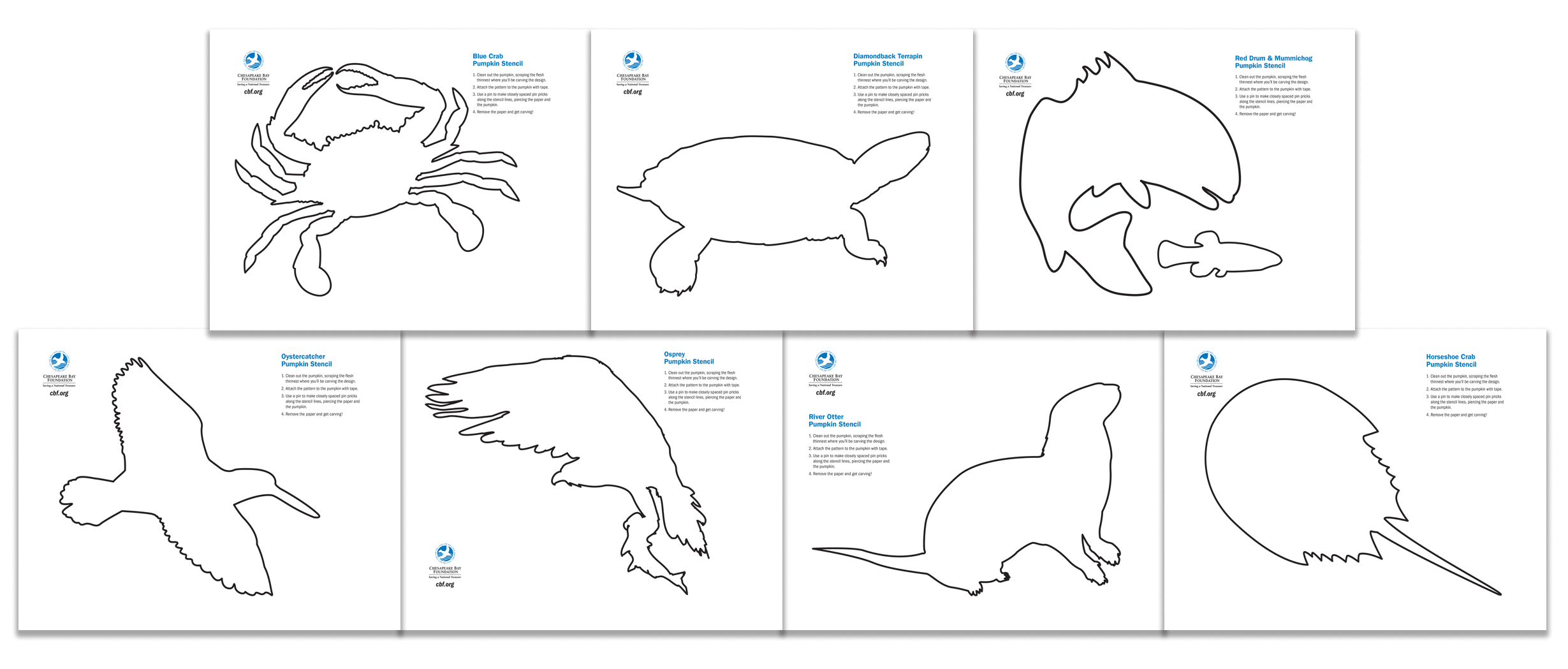 Graphic of several Chesapeake critter jack-o-lantern designs.