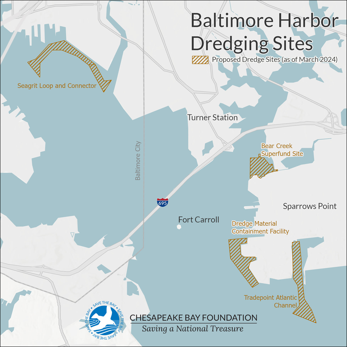 Map showing dredge sites in the Baltimore Harbor.