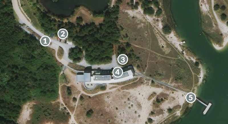 Overhead image of the Brock Environmental Center shows the five stops along the Oyster Path.