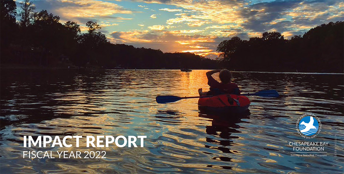 Impact Report cover image of person floating in an orange kayak, along with text Impact Report Fiscal Year 2022.