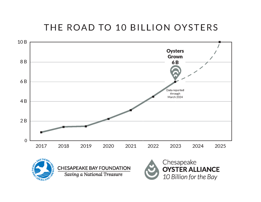 The road to 10 billion oysters chart shows oyster population growth from 2017 to projections in 2025.