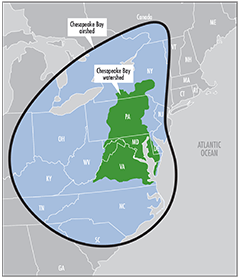Map showing the Chesapeake Bay watershed and the larger surrounding Chesapeake Bay airshed.