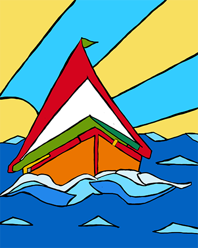 Computer generated art/cartoon of a sailboat on a blue sea with a sun streaked sky in the background.