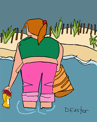 Computer generated art/cartoon of a of a woman picking up trash from the waterline along a beach.