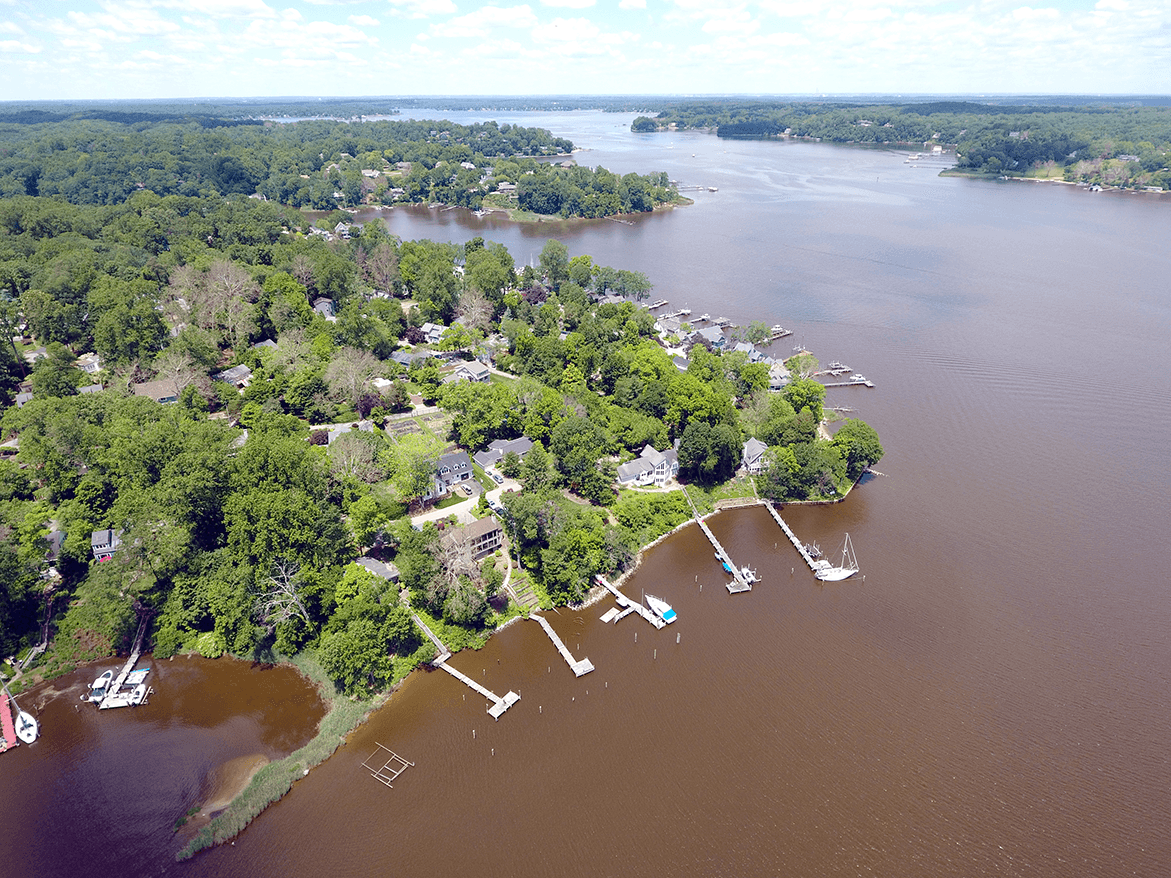 Aerial view of Maryland's Severn River shows the river is rust-red.