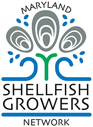 Graphic representation of three oysters above a blue wave and green sprout, with the words Maryland Shellfish Growers Network.