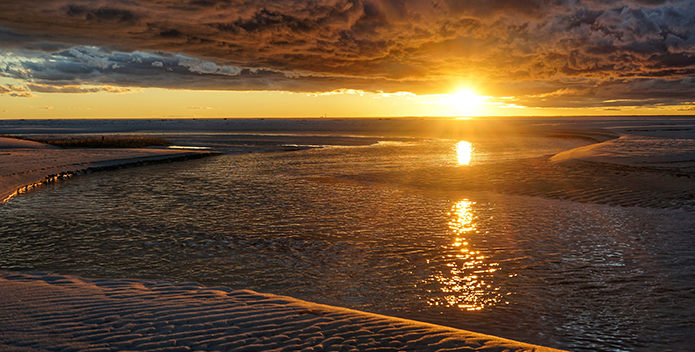 The sunset reflects off tidal ponds of the Chesapeake Bay.