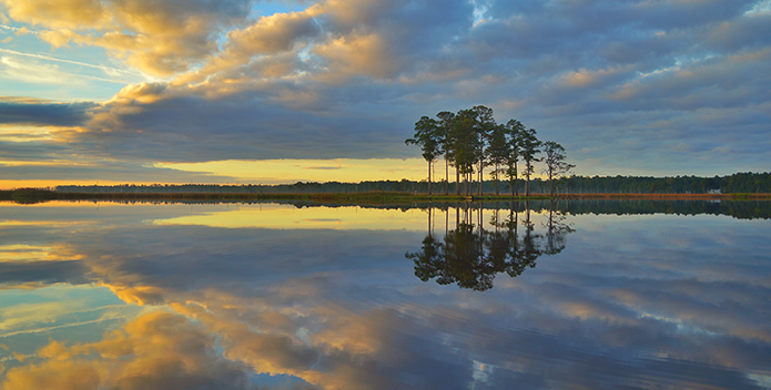 Sunset lights up the sky and reflects on the water as fall leaf colors cover a wetlands shore.