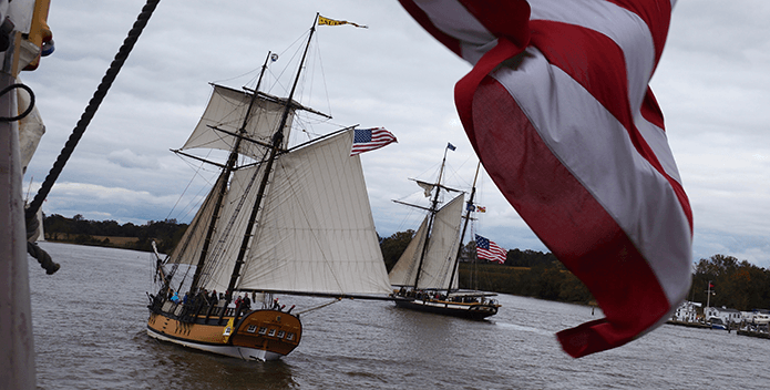 Two replica tall ships sail down the Chester River, MD.