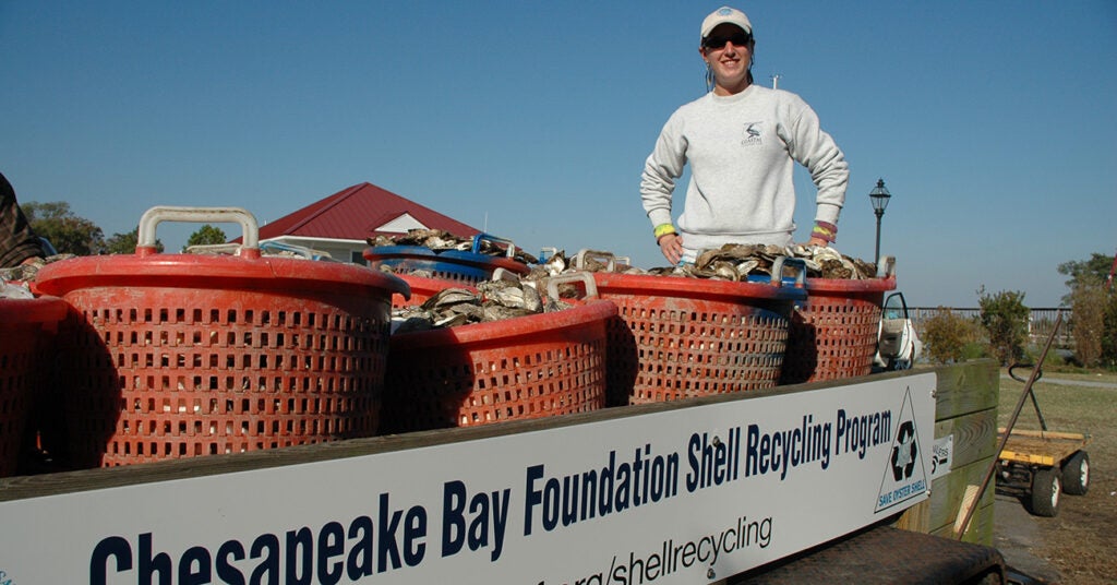 A man stands behind a collection of plastic orange bins filled with eastern oyster shells sitting on a trailer with Chesapeake Bay Foundation Shell Recycling Program on the side.