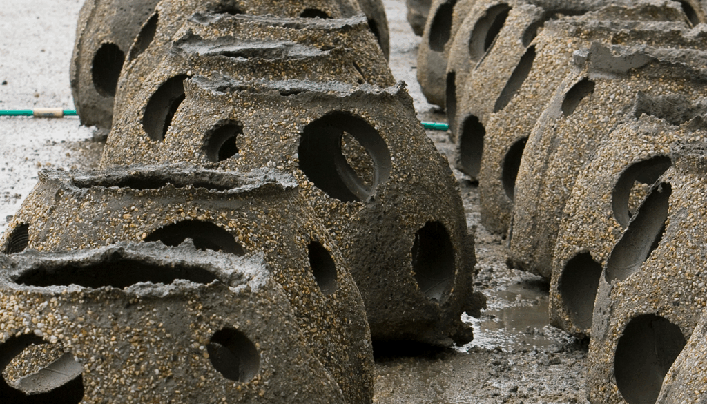 Rows of large, dome-shaped concrete reef balls with circular openings sit on a wet surface. The structures have a rough texture with embedded pebbles and are arranged closely together, designed for use in marine habitat restoration.