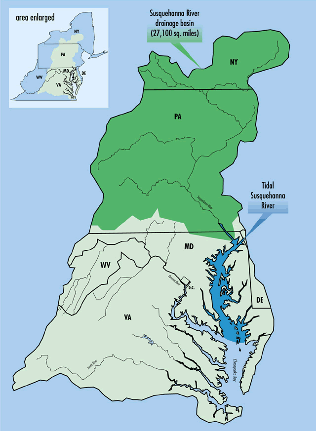 Map of the Chesapeake Bay watershed shows portions of New York and Pennsylvania that comprise the Susquehanna River drainage basin (27,100 square miles).