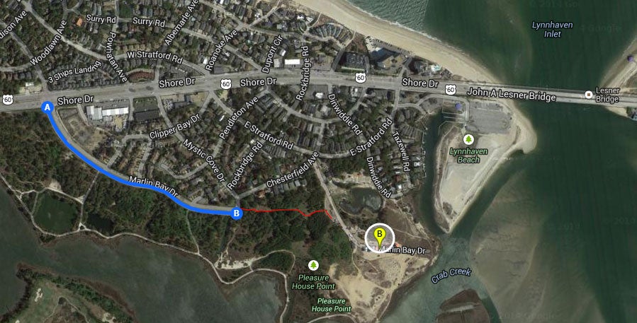 Map showing turn-by-turn directions to a waterfront parking location near Marlin Bay Drive and Lynnhaven Beach, with route highlighted in blue and red.