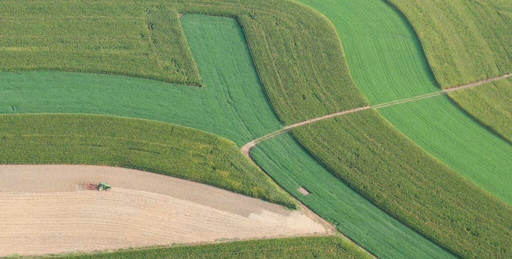 Alternating rows of  green crops swoop across a farm field as a tractor plows a tan row.
