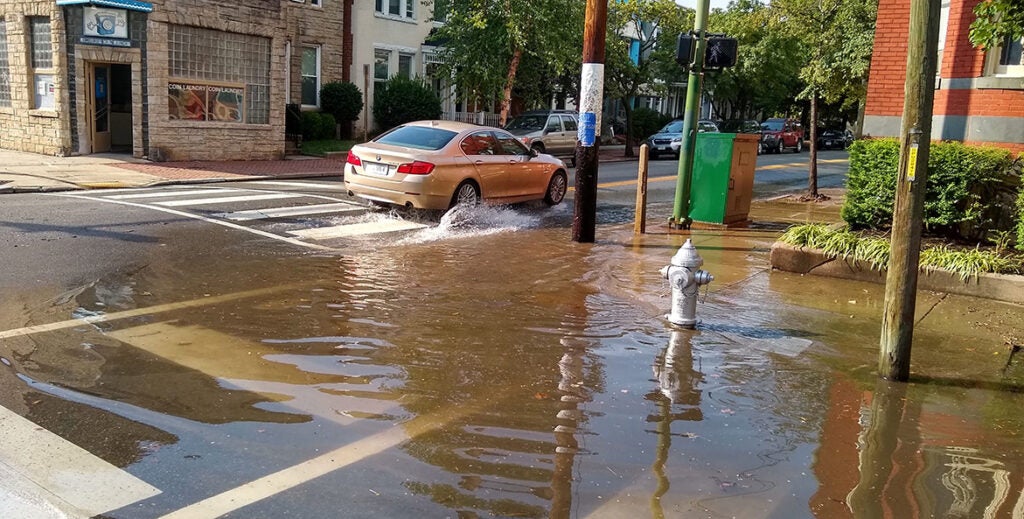 A car drives through floodwater on a city street, with a fire hydrant partially submerged at the intersection.